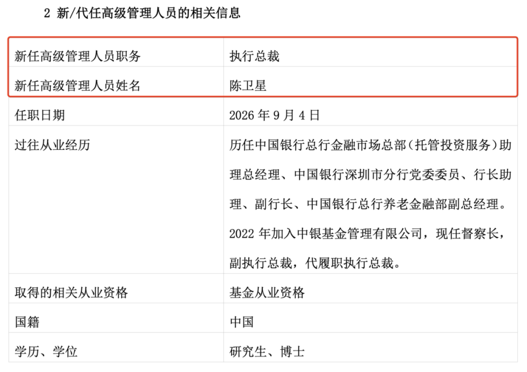 官宣！7000亿级基金公司中银基金新总裁定了	，陈卫星出任！